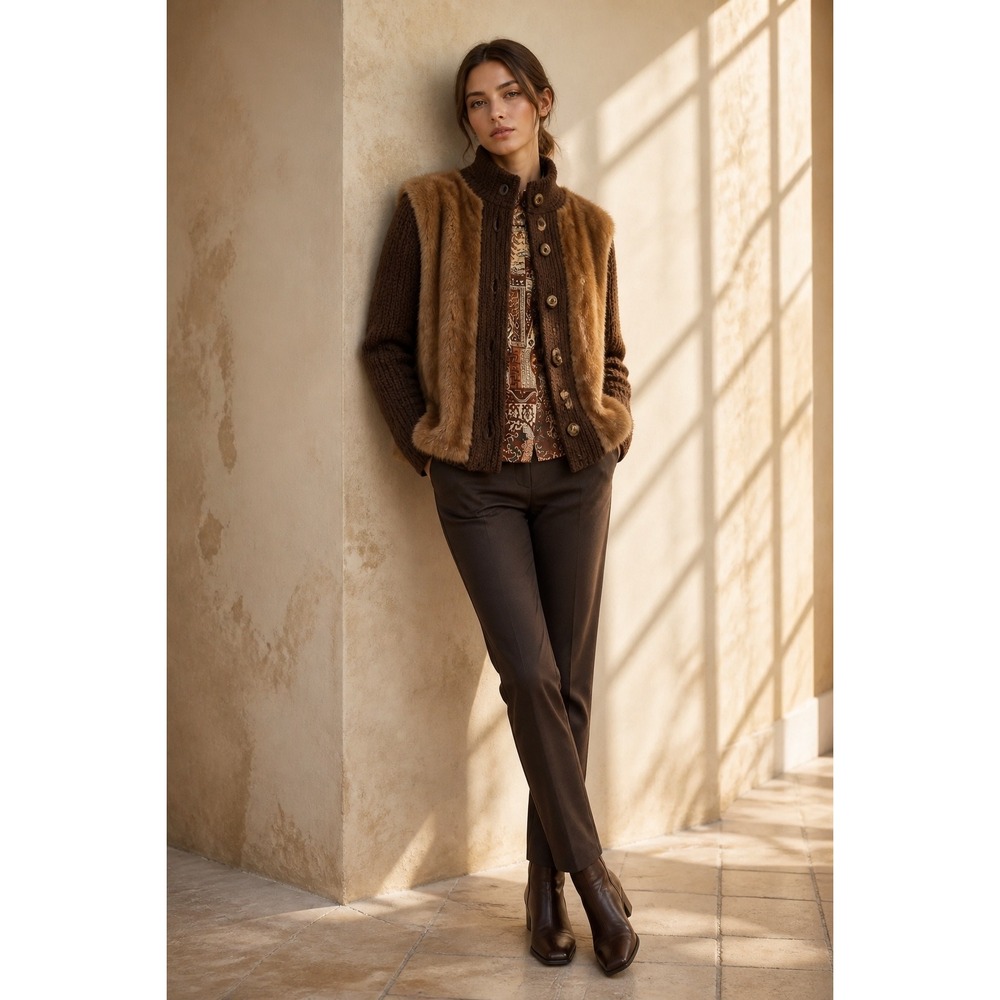 Vintage‎ 1970s Greenwich Furs Fox Fur and Knit Cardigan Sweater Brown M/L Boho